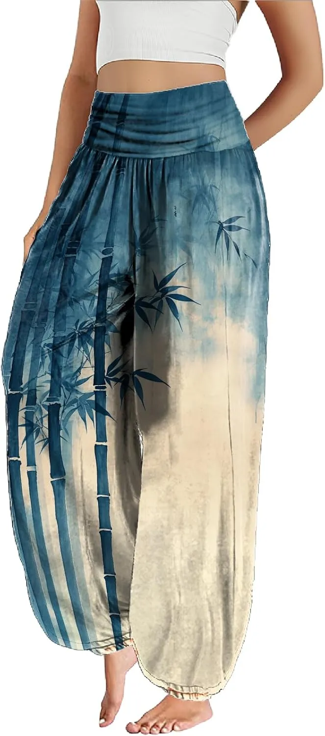 Cute Harem Pants Women Dressy Casual Smocked High Waist Pants Lightweight Flowy Lounge Palazzo Trousers Summer