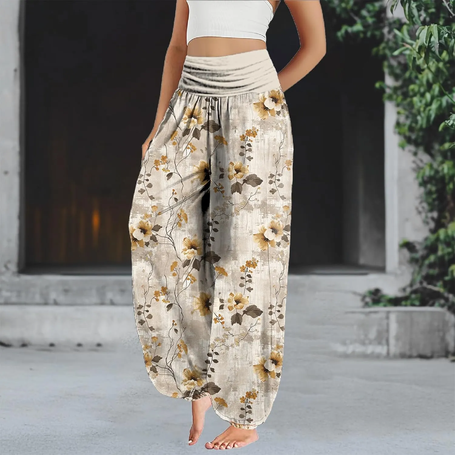 Cute Harem Pants Women Dressy Casual Smocked High Waist Pants Lightweight Flowy Lounge Palazzo Trousers Summer