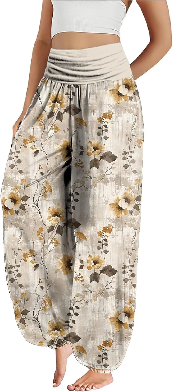Cute Harem Pants Women Dressy Casual Smocked High Waist Pants Lightweight Flowy Lounge Palazzo Trousers Summer