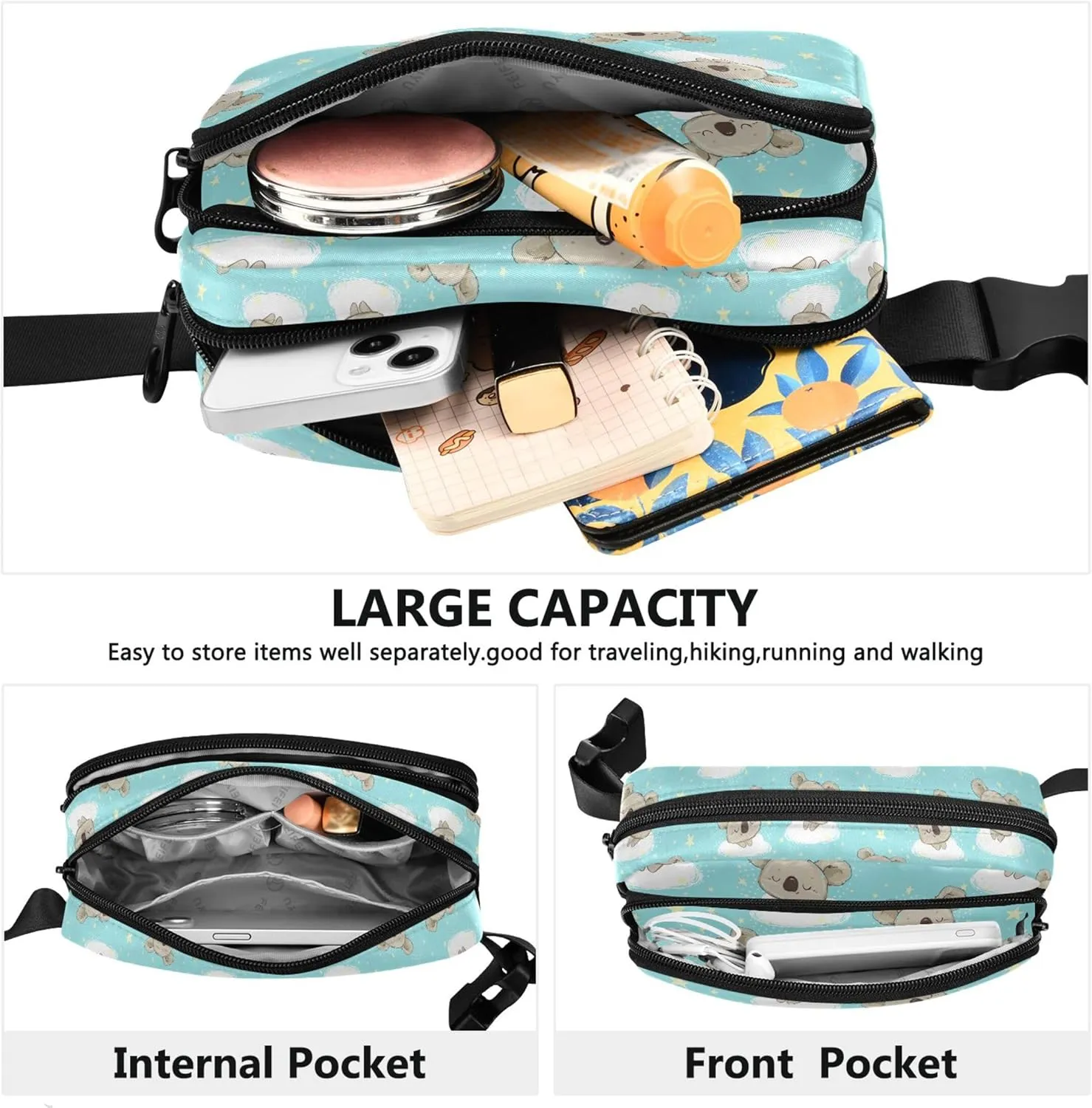 Cute Koala Print Sky Blue Fanny Packs Women Anti Theft Belt Bag Waterproof Designer Cross Body Waist Pack