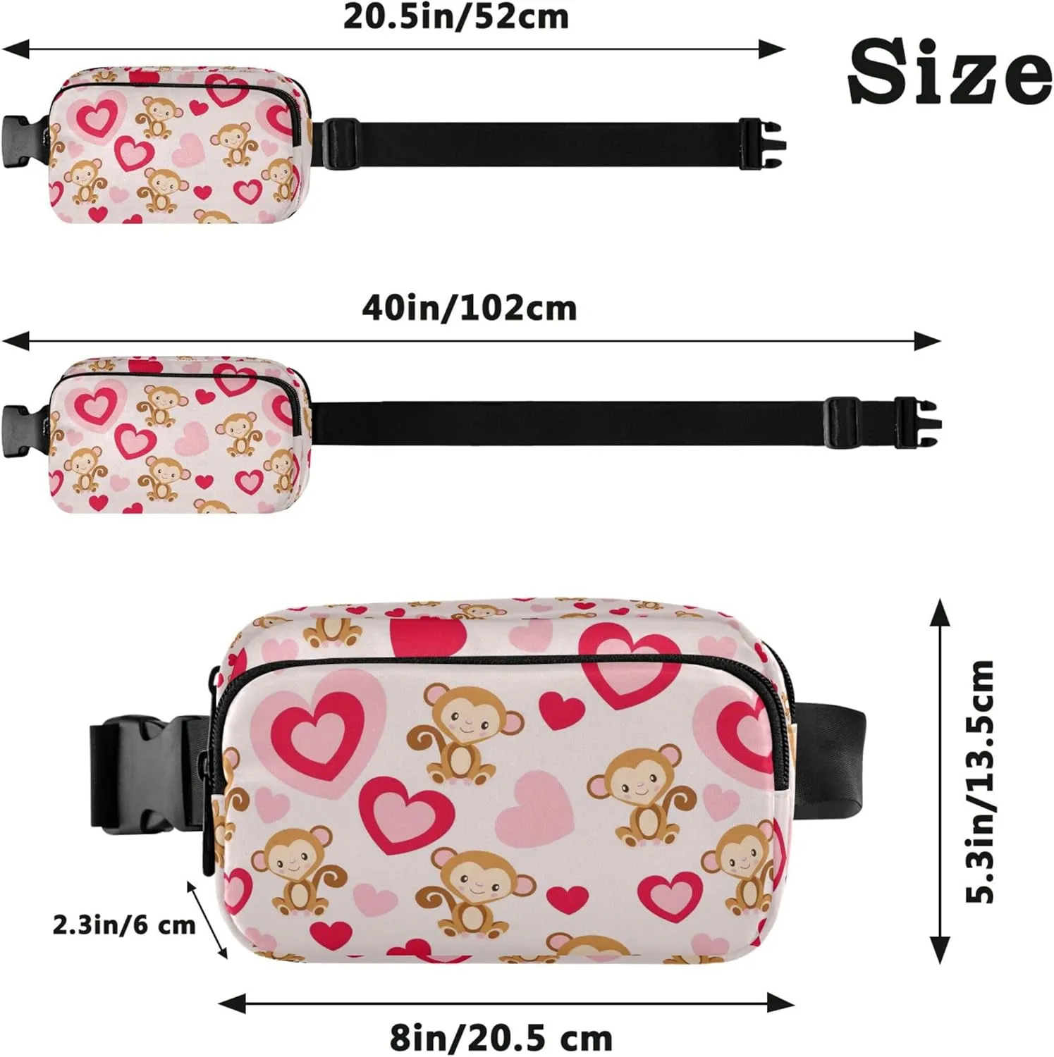 Cute Monkey Pink Hearts Fanny Packs Women Festival Hip Pack Belt Pouch Waterproof Travel Waist Pouch