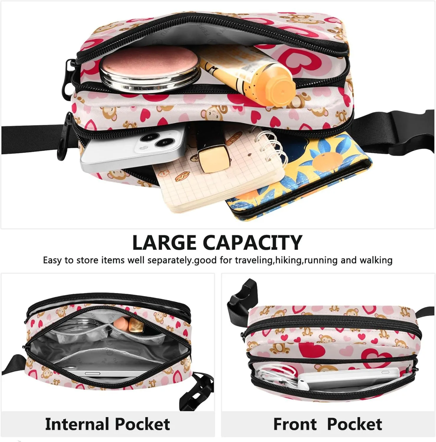 Cute Monkey Pink Hearts Fanny Packs Women Festival Hip Pack Belt Pouch Waterproof Travel Waist Pouch
