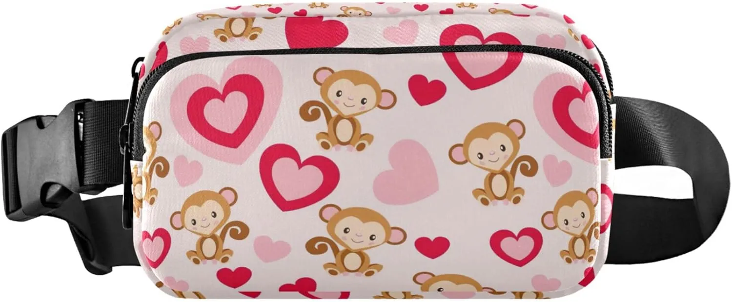 Cute Monkey Pink Hearts Fanny Packs Women Festival Hip Pack Belt Pouch Waterproof Travel Waist Pouch