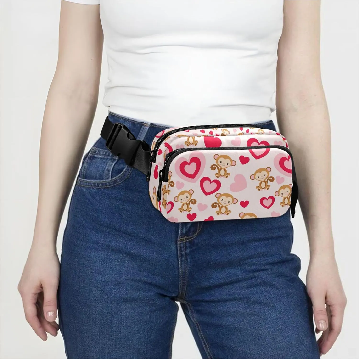 Cute Monkey Pink Hearts Fanny Packs Women Festival Hip Pack Belt Pouch Waterproof Travel Waist Pouch