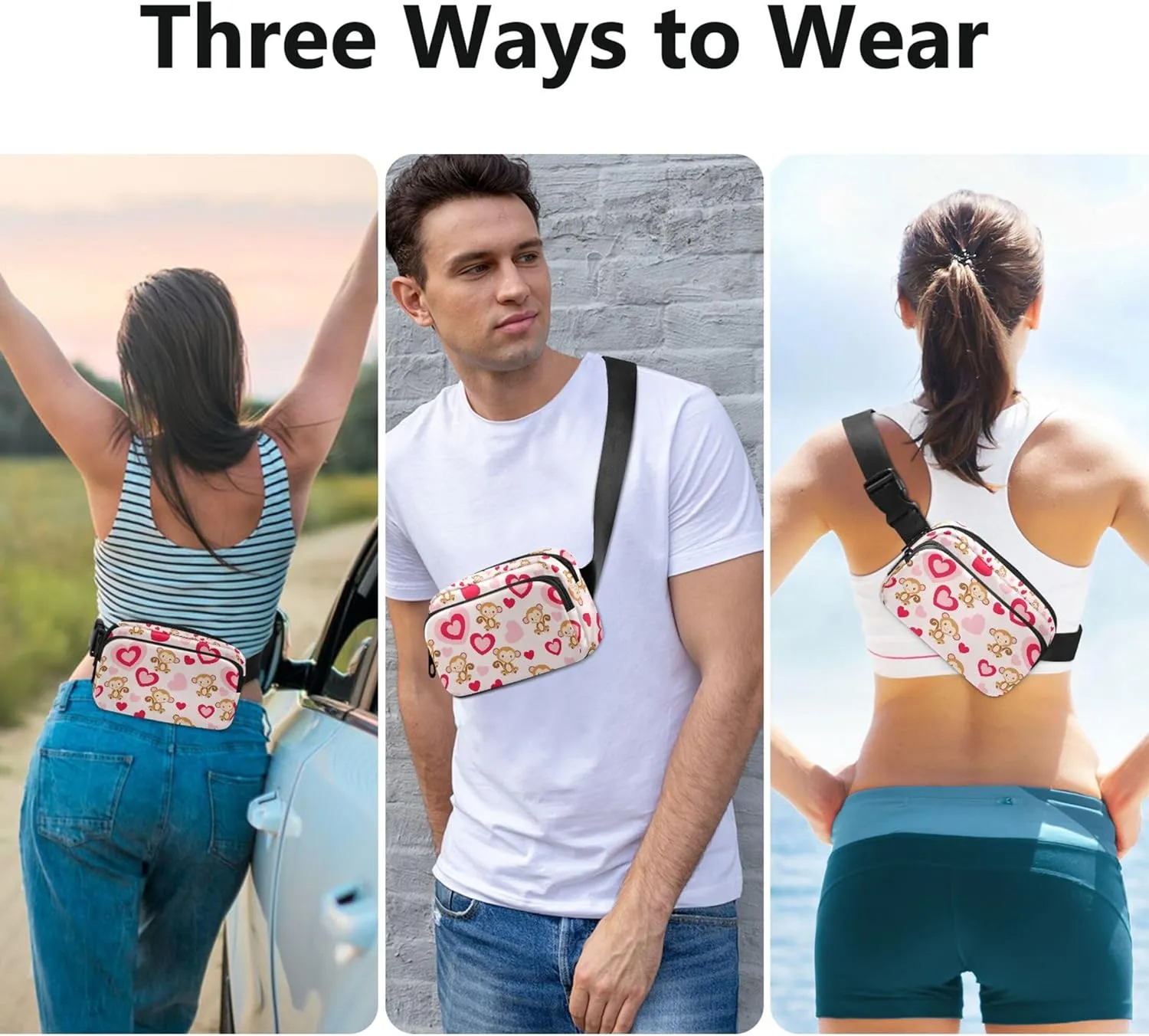 Cute Monkey Pink Hearts Fanny Packs Women Festival Hip Pack Belt Pouch Waterproof Travel Waist Pouch