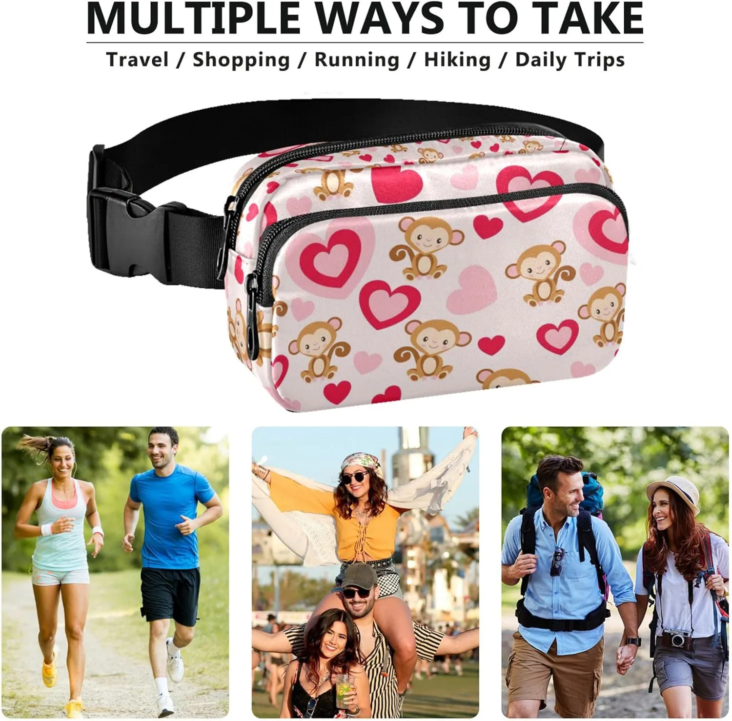 Cute Monkey Pink Hearts Fanny Packs Women Festival Hip Pack Belt Pouch Waterproof Travel Waist Pouch