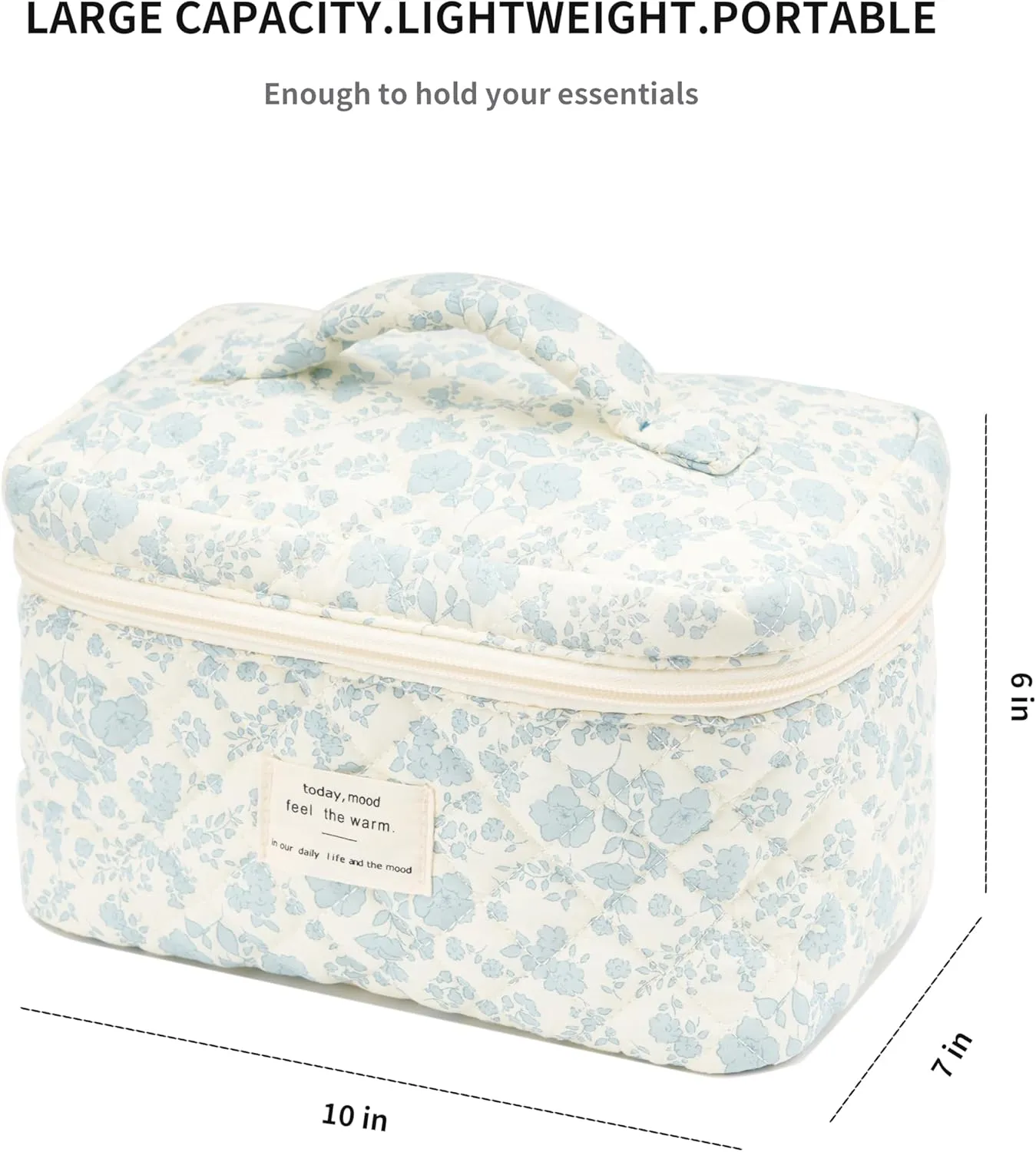 Cute Quilted Makeup Bag Cotton Aesthetic Flower Cosmetic Bag Floral Toiletry Bag for Women (Blue Flower)
