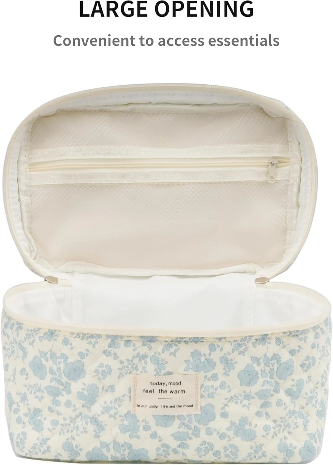 Cute Quilted Makeup Bag Cotton Aesthetic Flower Cosmetic Bag Floral Toiletry Bag for Women (Blue Flower)