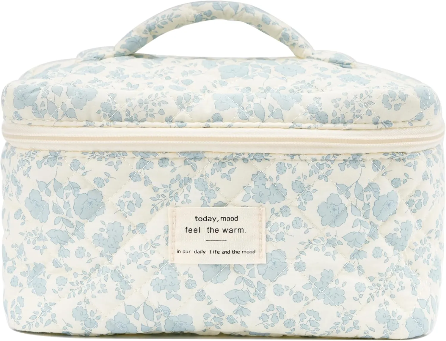 Cute Quilted Makeup Bag Cotton Aesthetic Flower Cosmetic Bag Floral Toiletry Bag for Women (Blue Flower)