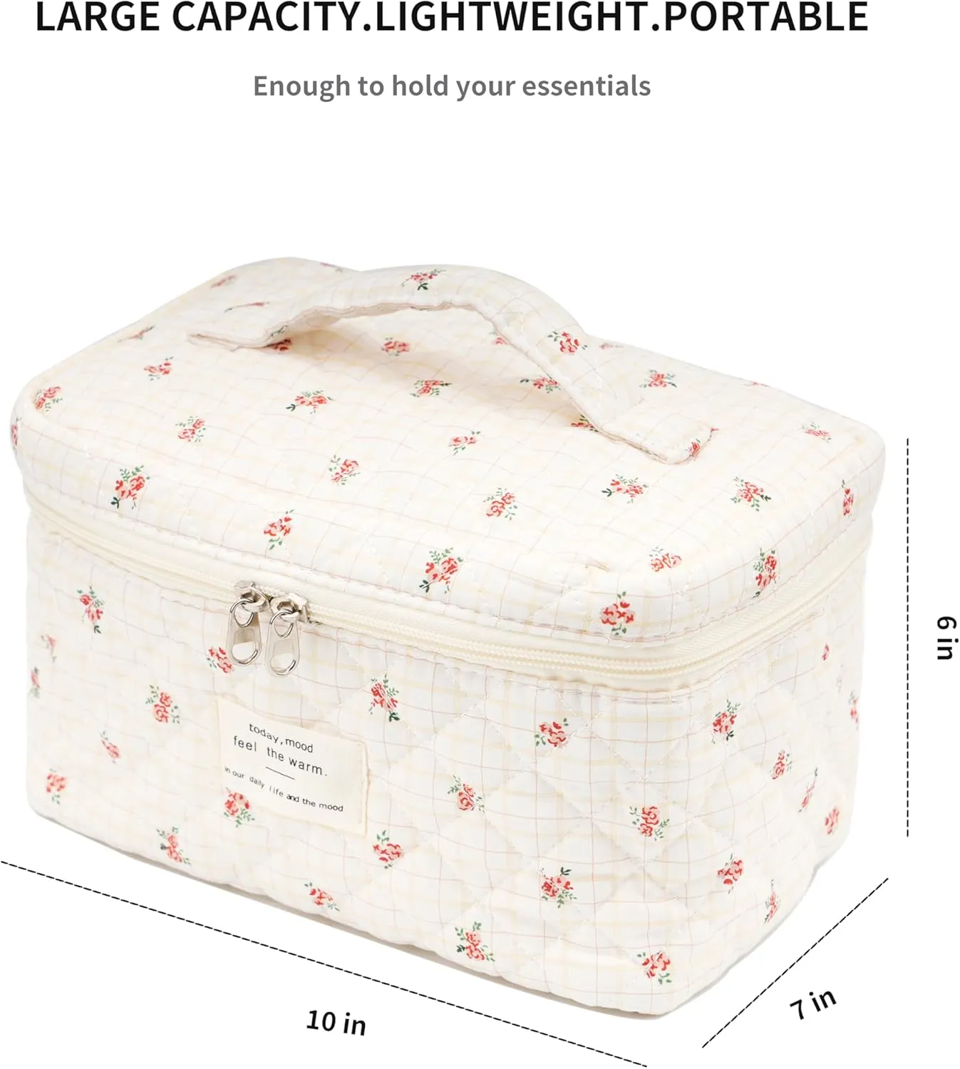 Cute Quilted Makeup Bag Cotton Aesthetic Flower Cosmetic Bag Floral Toiletry Bag for Women (Checkered Flower)