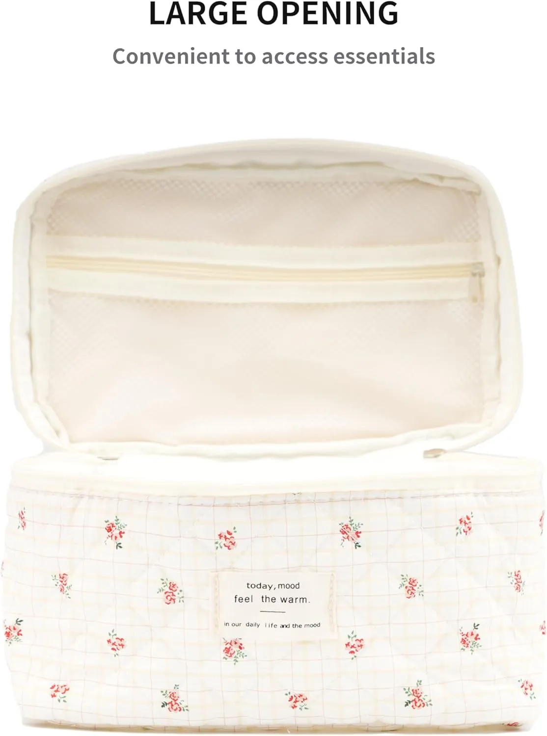 Cute Quilted Makeup Bag Cotton Aesthetic Flower Cosmetic Bag Floral Toiletry Bag for Women (Checkered Flower)