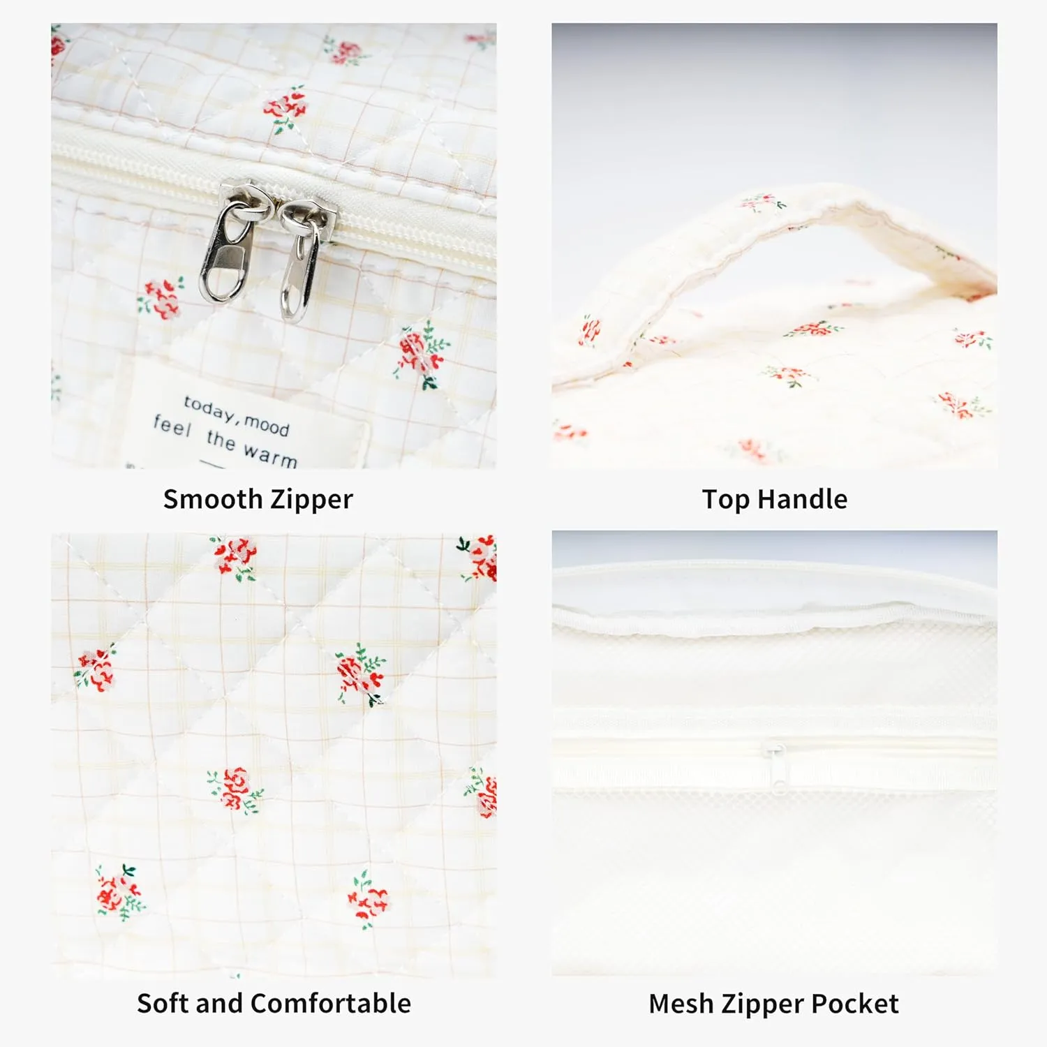 Cute Quilted Makeup Bag Cotton Aesthetic Flower Cosmetic Bag Floral Toiletry Bag for Women (Checkered Flower)