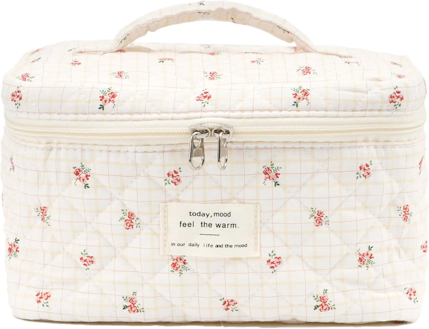 Cute Quilted Makeup Bag Cotton Aesthetic Flower Cosmetic Bag Floral Toiletry Bag for Women (Checkered Flower)