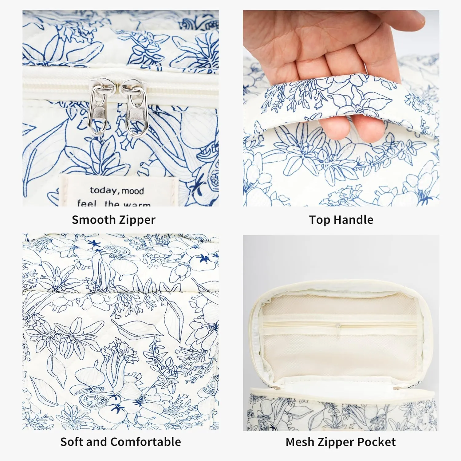 Cute Quilted Makeup Bag Cotton Aesthetic Flower Cosmetic Bag Floral Toiletry Bag for Women (Flower Dark Blue)