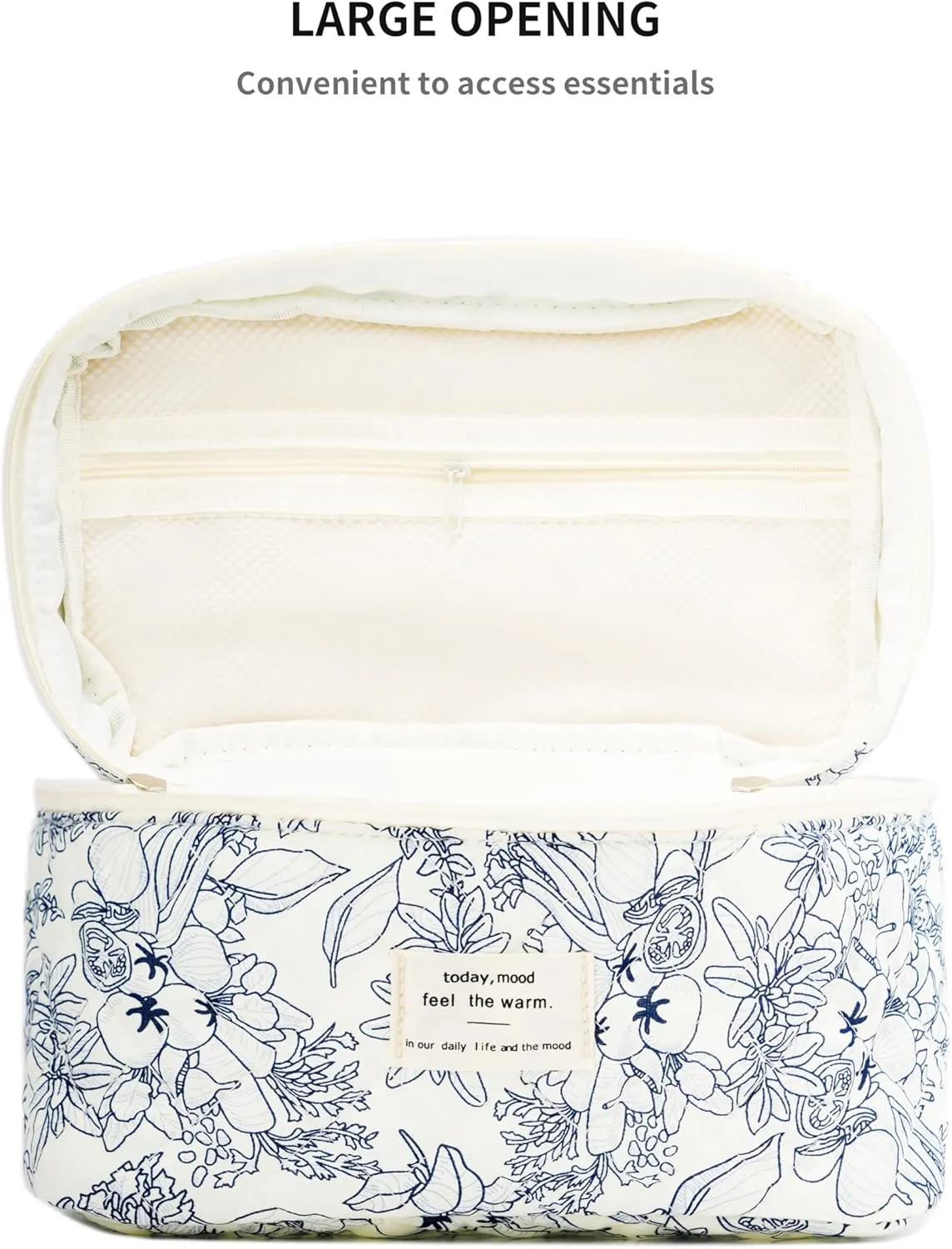 Cute Quilted Makeup Bag Cotton Aesthetic Flower Cosmetic Bag Floral Toiletry Bag for Women (Flower Dark Blue)