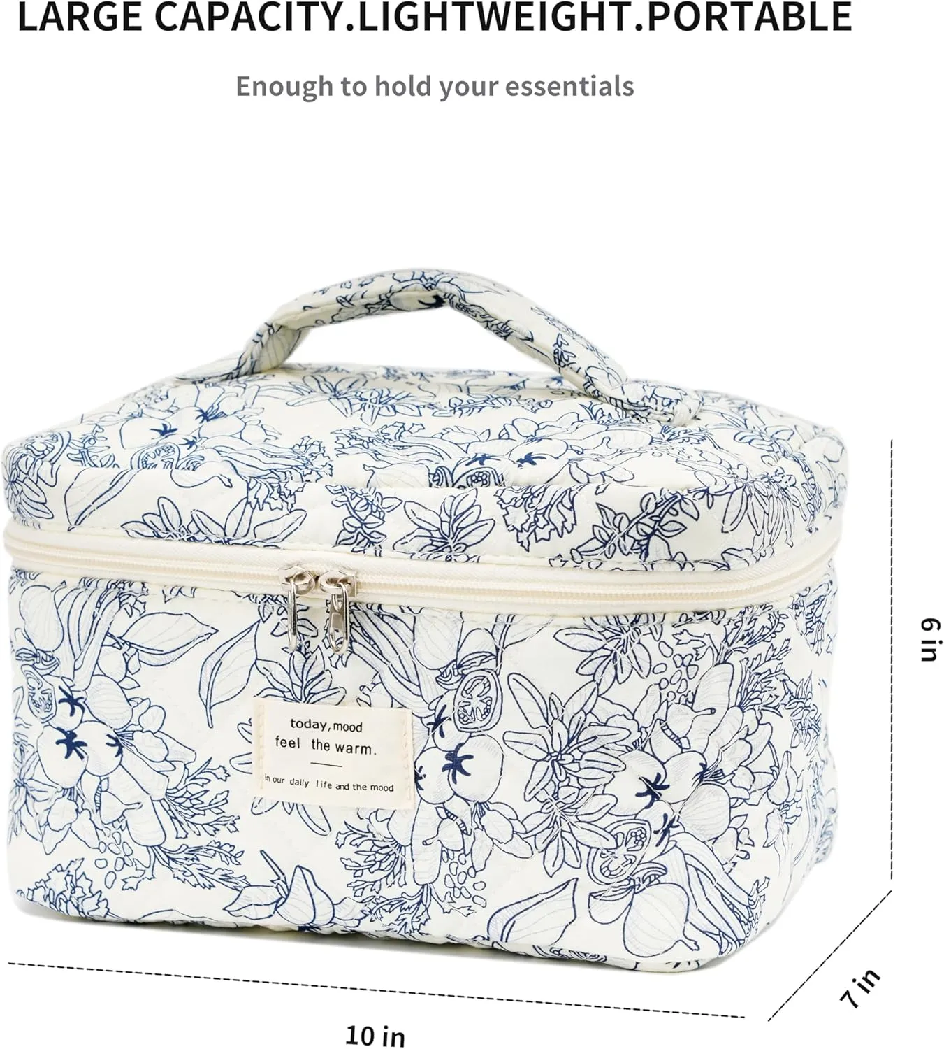 Cute Quilted Makeup Bag Cotton Aesthetic Flower Cosmetic Bag Floral Toiletry Bag for Women (Flower Dark Blue)