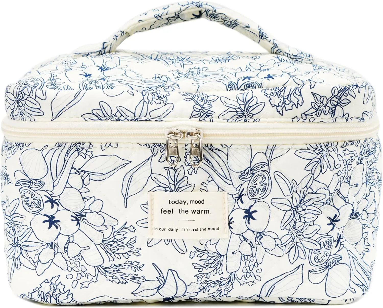 Cute Quilted Makeup Bag Cotton Aesthetic Flower Cosmetic Bag Floral Toiletry Bag for Women (Flower Dark Blue)