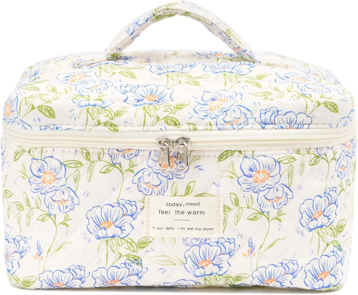 Cute Quilted Makeup Bag Cotton Aesthetic Flower Cosmetic Bag Floral Toiletry Bag for Women (Flower Light Blue)