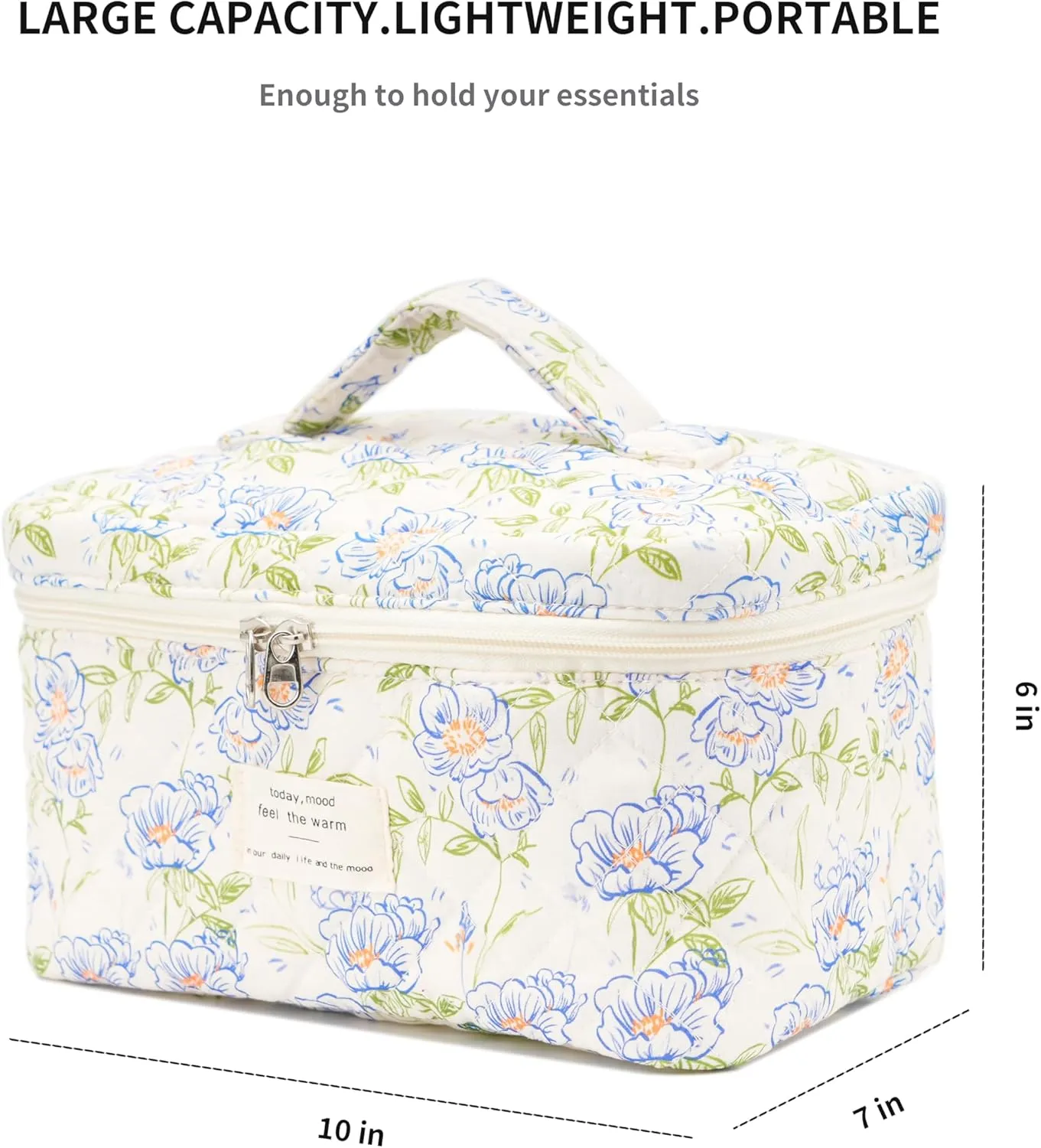 Cute Quilted Makeup Bag Cotton Aesthetic Flower Cosmetic Bag Floral Toiletry Bag for Women (Flower Light Blue)
