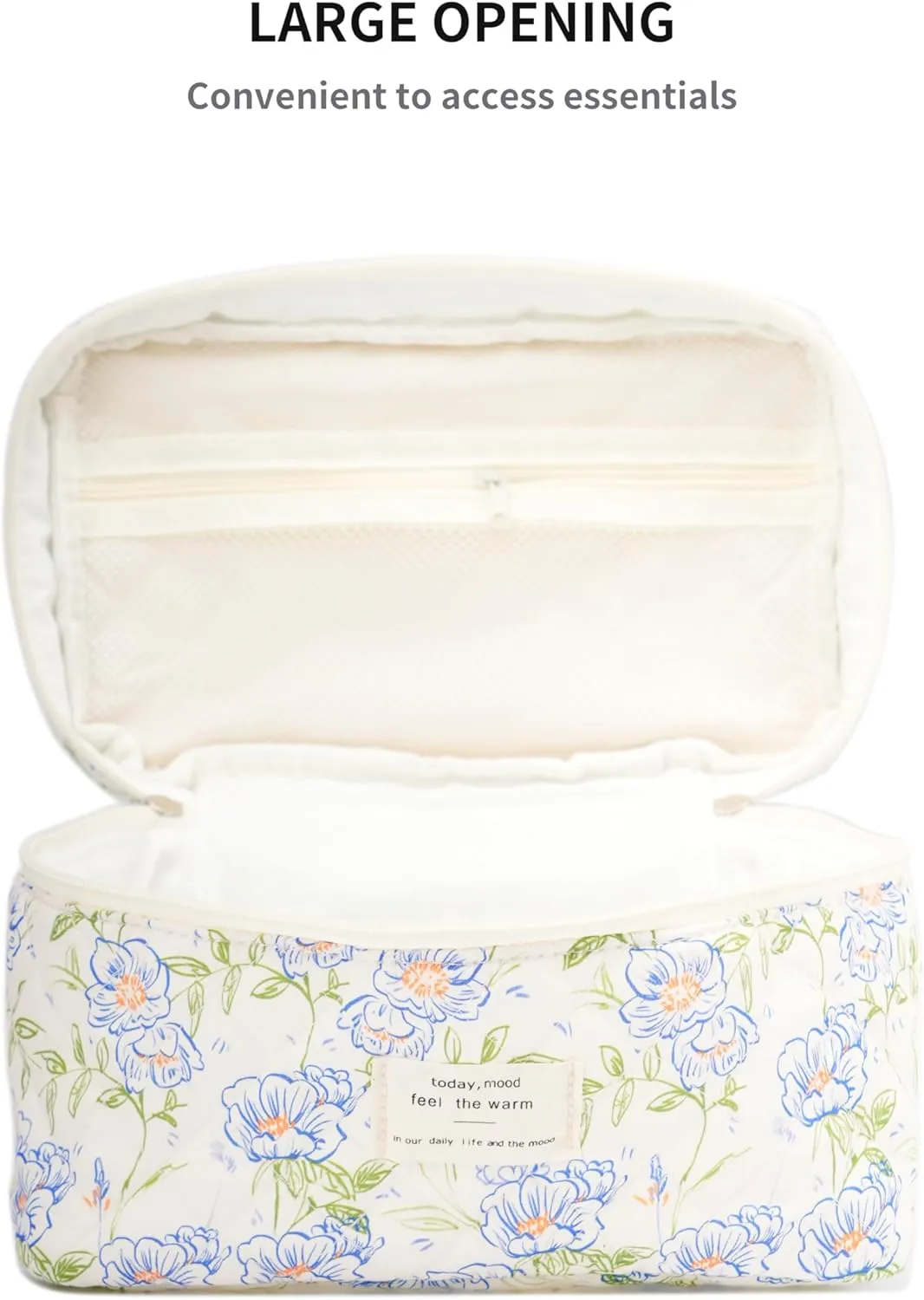 Cute Quilted Makeup Bag Cotton Aesthetic Flower Cosmetic Bag Floral Toiletry Bag for Women (Flower Light Blue)