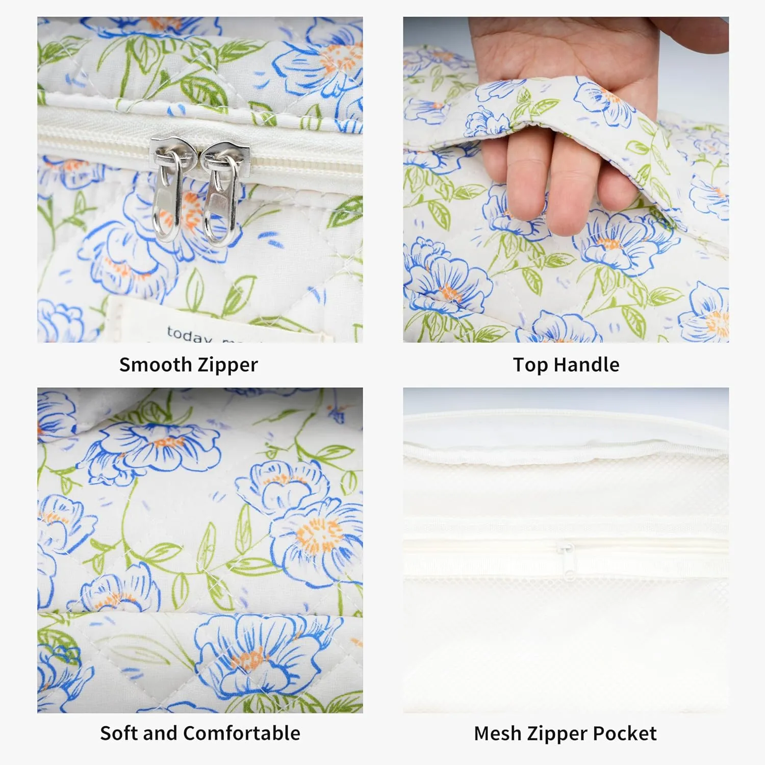 Cute Quilted Makeup Bag Cotton Aesthetic Flower Cosmetic Bag Floral Toiletry Bag for Women (Flower Light Blue)