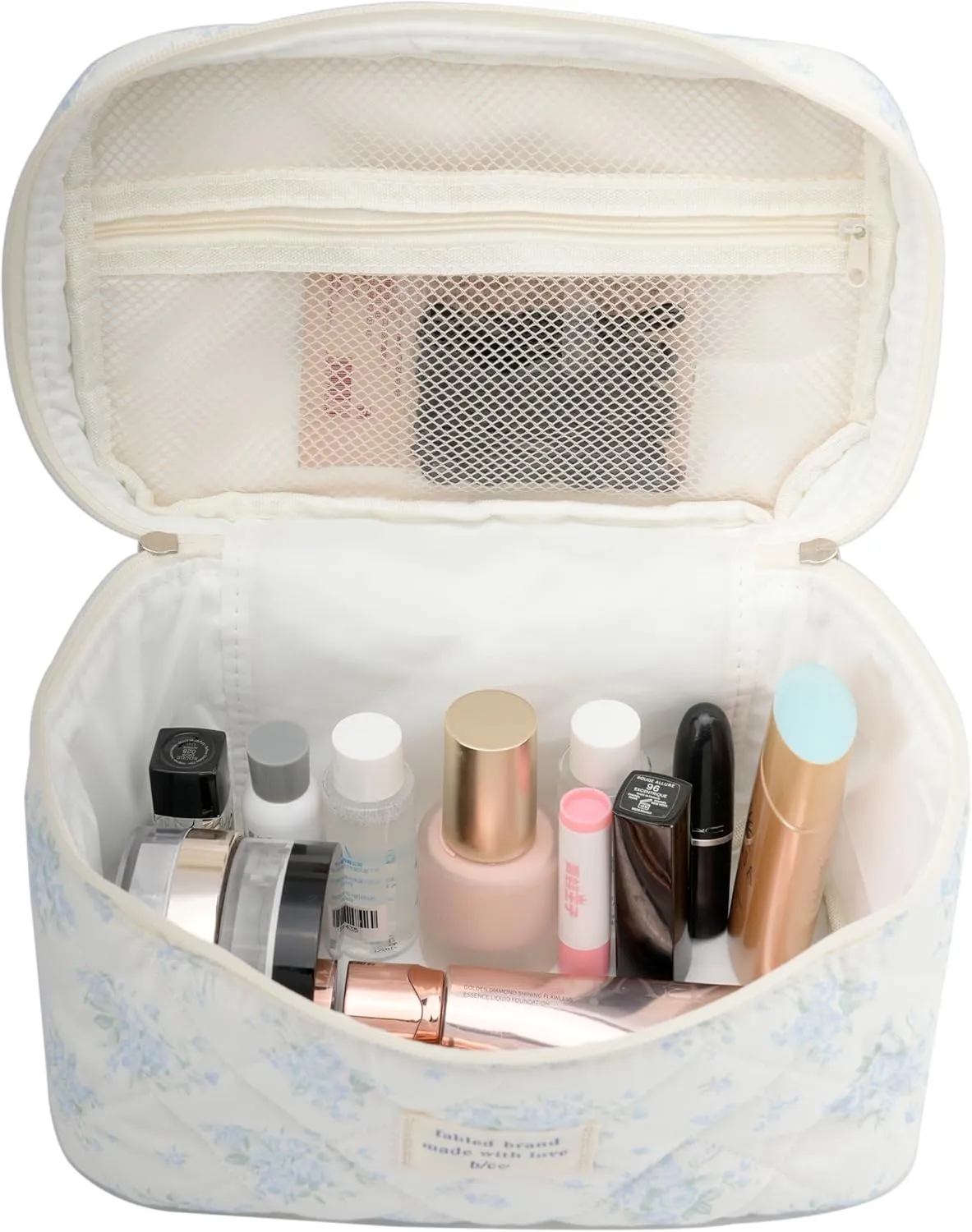 Cute Quilted Makeup Bag Cotton Aesthetic Flower Cosmetic Bag Floral Toiletry Bag for Women (Rose Blue)