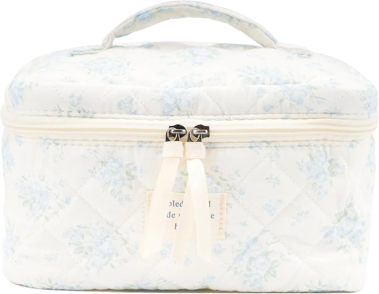 Cute Quilted Makeup Bag Cotton Aesthetic Flower Cosmetic Bag Floral Toiletry Bag for Women (Rose Blue)