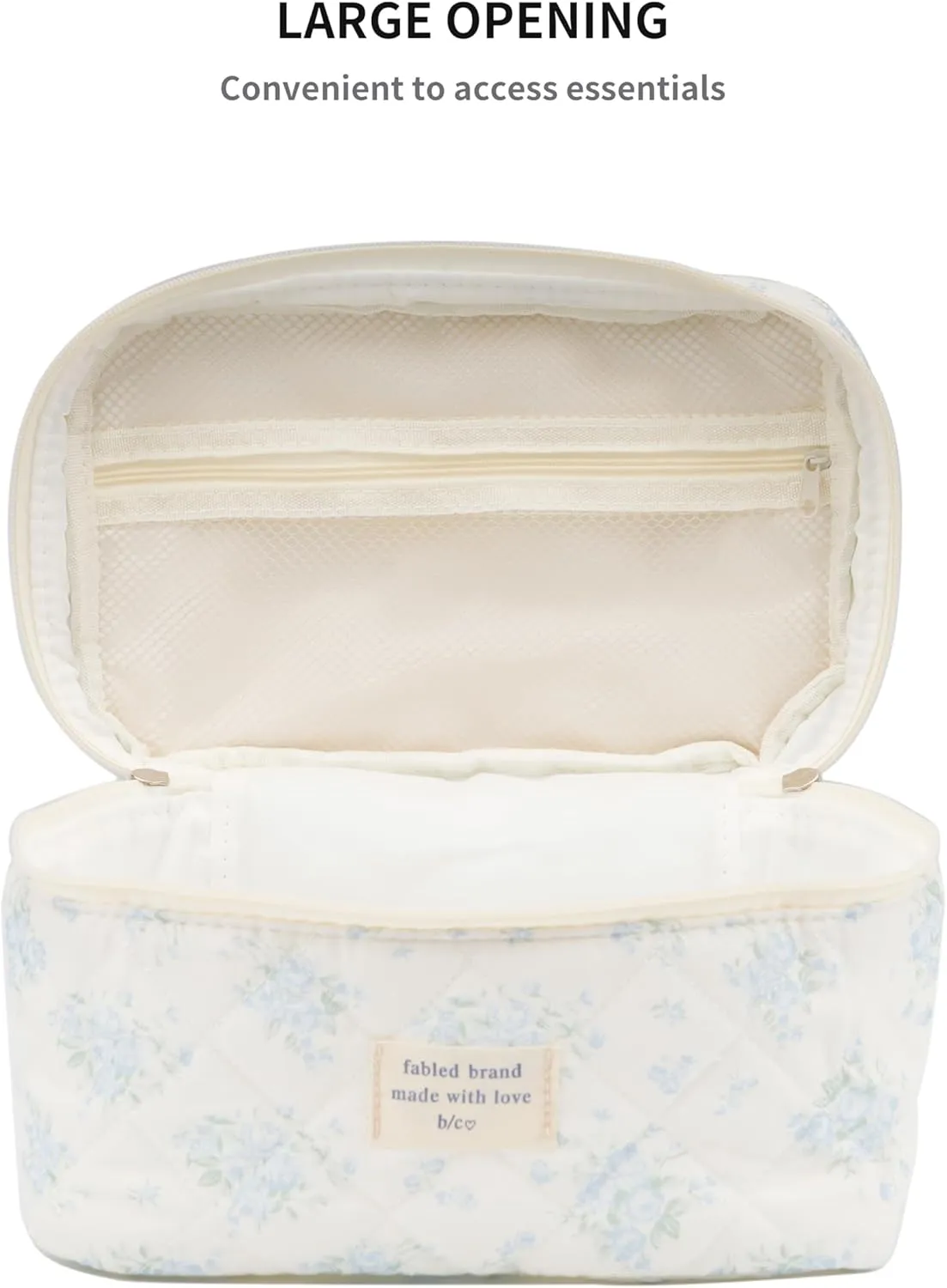 Cute Quilted Makeup Bag Cotton Aesthetic Flower Cosmetic Bag Floral Toiletry Bag for Women (Rose Blue)