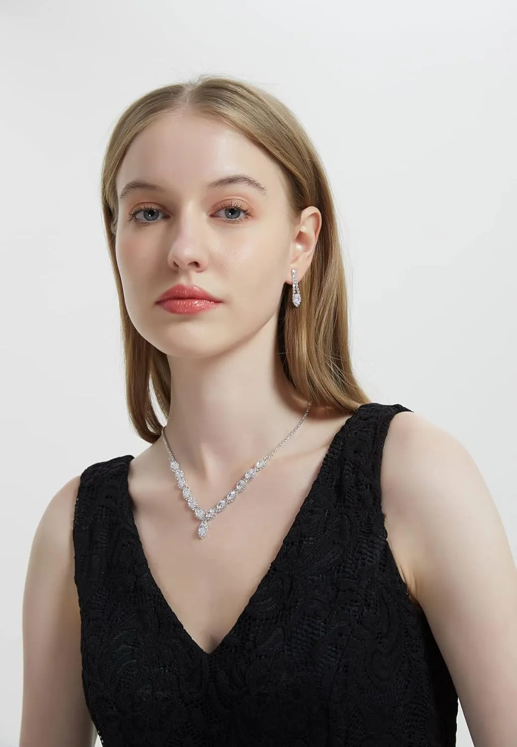 CZ Rhinestone Necklace Earrings Wedding Jewelry Set For Bride Bridesmaid Prom Evening Party Homecoming