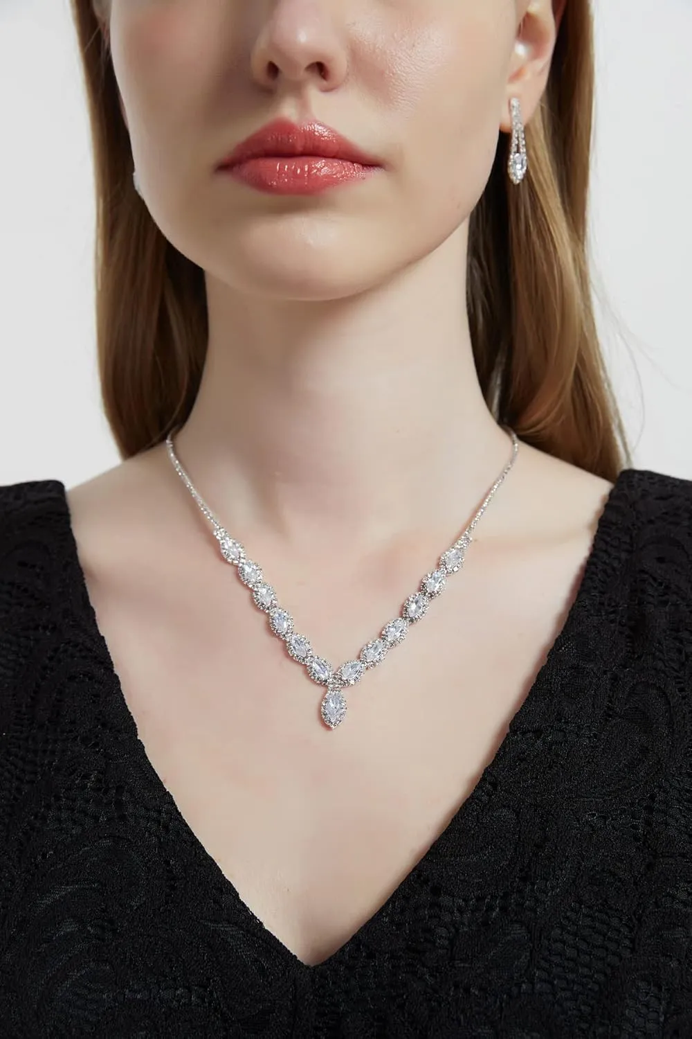 CZ Rhinestone Necklace Earrings Wedding Jewelry Set For Bride Bridesmaid Prom Evening Party Homecoming