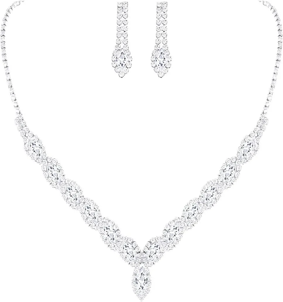 CZ Rhinestone Necklace Earrings Wedding Jewelry Set For Bride Bridesmaid Prom Evening Party Homecoming