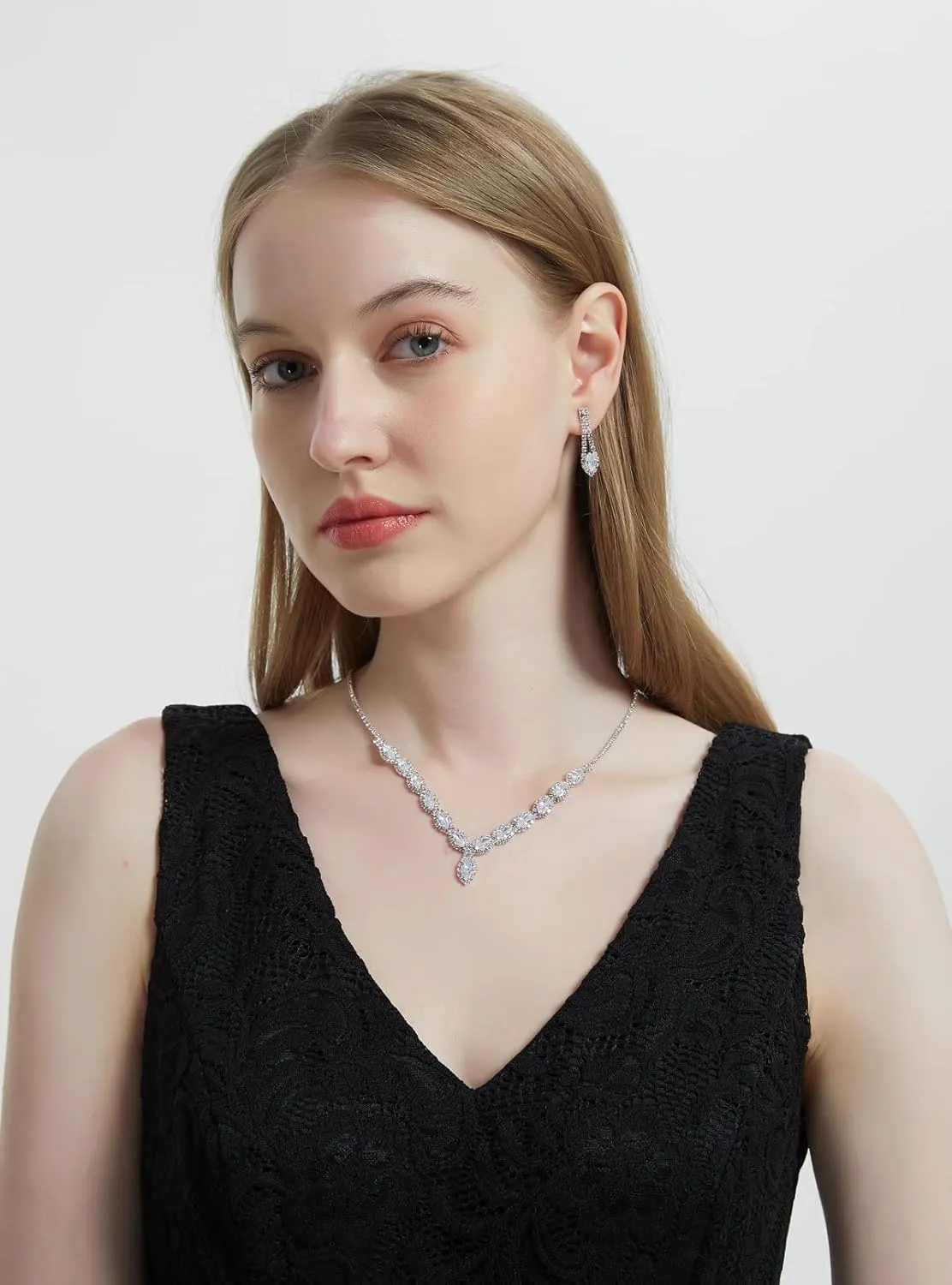 CZ Rhinestone Necklace Earrings Wedding Jewelry Set For Bride Bridesmaid Prom Evening Party Homecoming