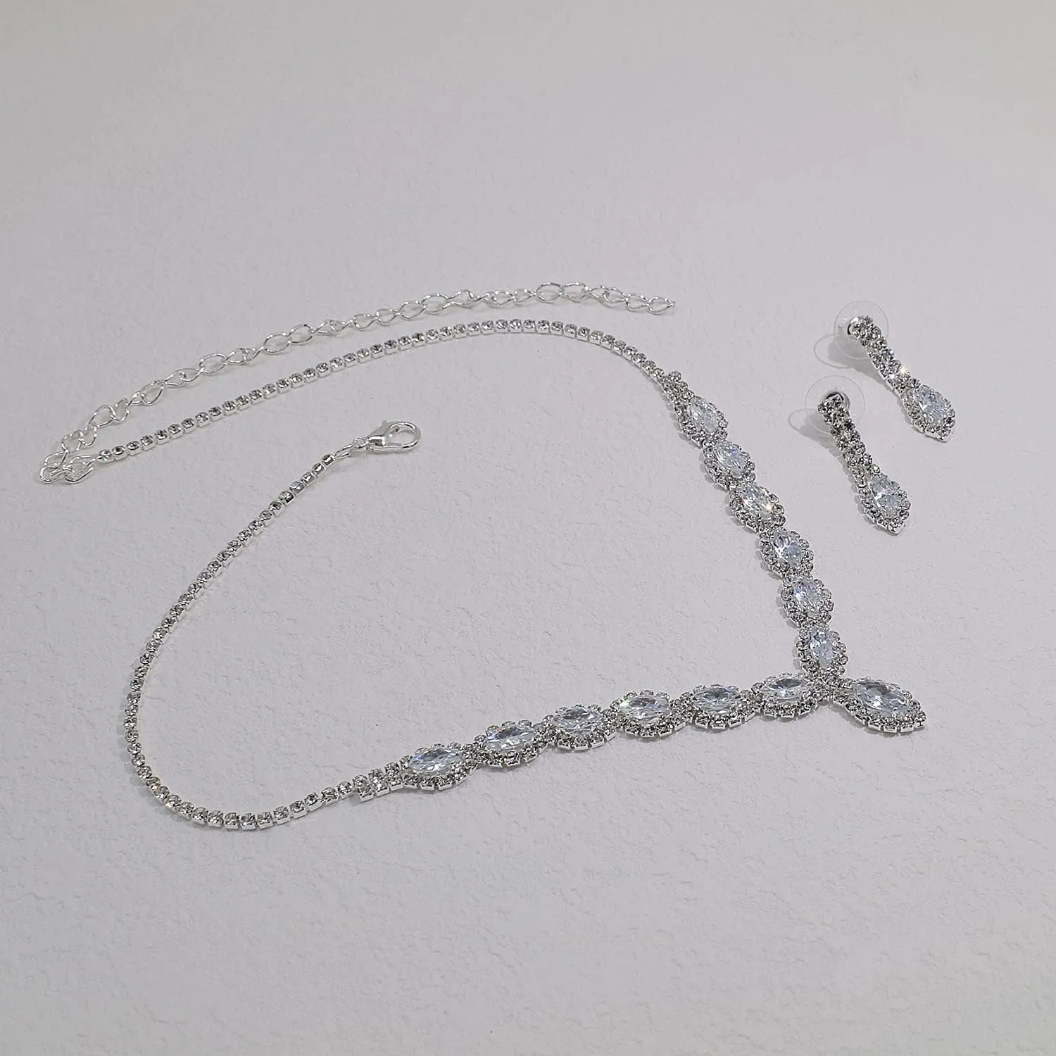 CZ Rhinestone Necklace Earrings Wedding Jewelry Set For Bride Bridesmaid Prom Evening Party Homecoming