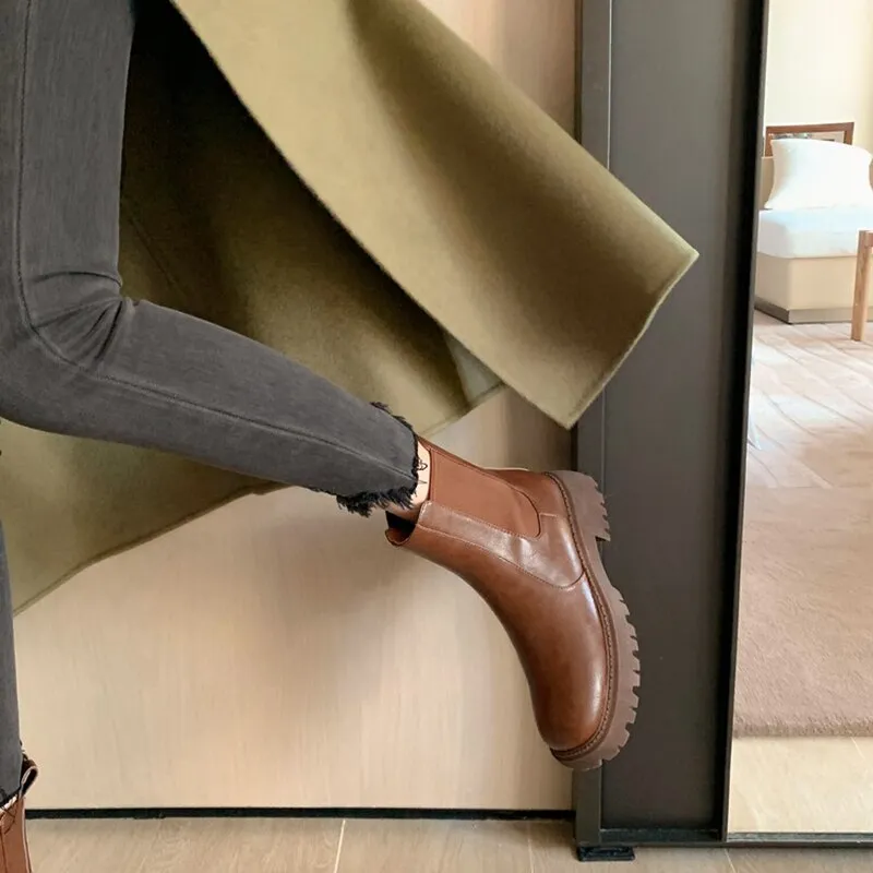 deanwangkt  fashion inspo   NEW Fall/Winter Shoes Women Split Leather Ankle Boots Round Toe Chunky Shoes for Women Solid Chelsea Boots Leisure Black Boots