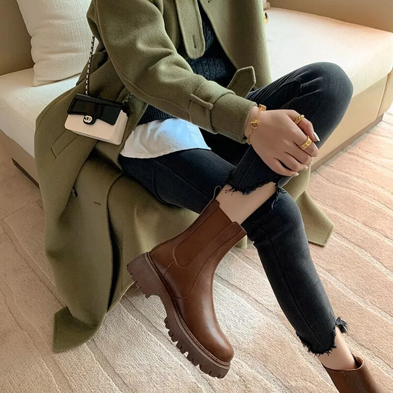 deanwangkt  fashion inspo   NEW Fall/Winter Shoes Women Split Leather Ankle Boots Round Toe Chunky Shoes for Women Solid Chelsea Boots Leisure Black Boots