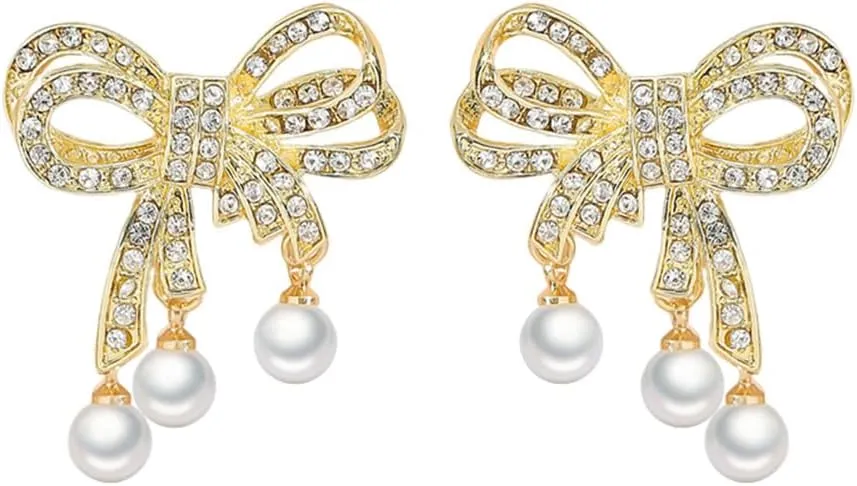 Delicate Crystal Bow Dangle Stud Earrings for Women Gold Plated Elegant Shell Pearl Ball Drop Dangling Hypoallergenic Holiday Party Jewelry
