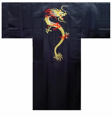Dragon Black Long Male Satin Plus Size Kimono