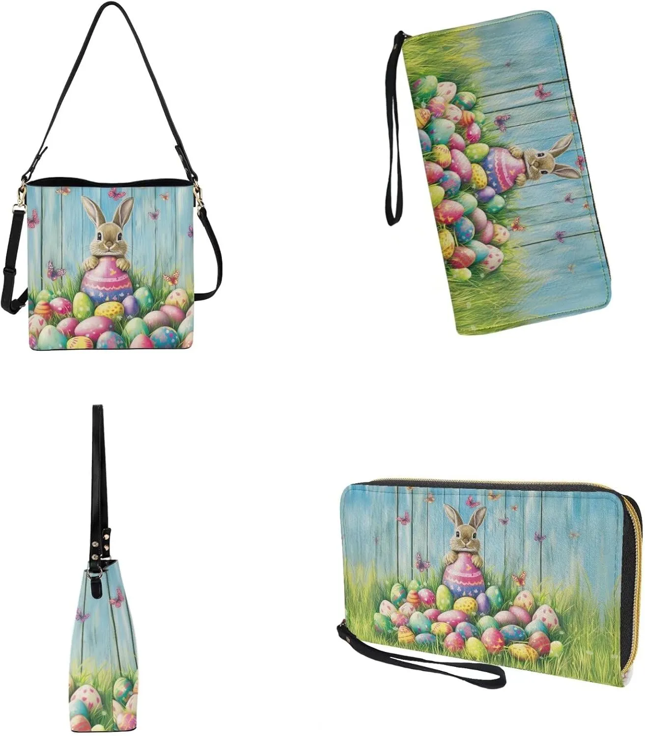 Easter Pattern Leather Purse and Wallet Set, Large Bucket Tote Bag Wallet with Adjustable Strap