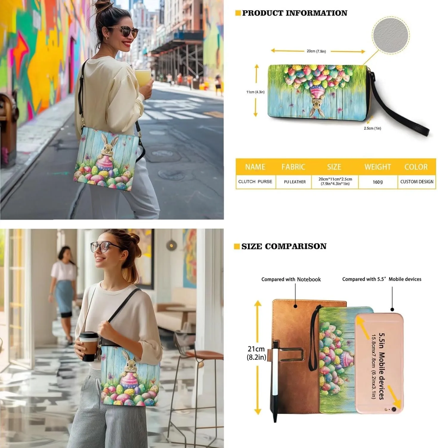 Easter Pattern Leather Purse and Wallet Set, Large Bucket Tote Bag Wallet with Adjustable Strap