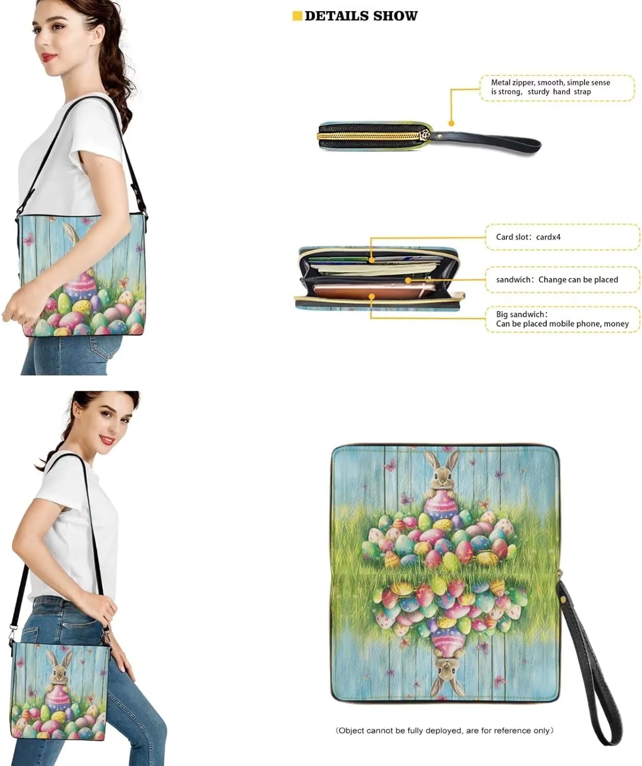 Easter Pattern Leather Purse and Wallet Set, Large Bucket Tote Bag Wallet with Adjustable Strap