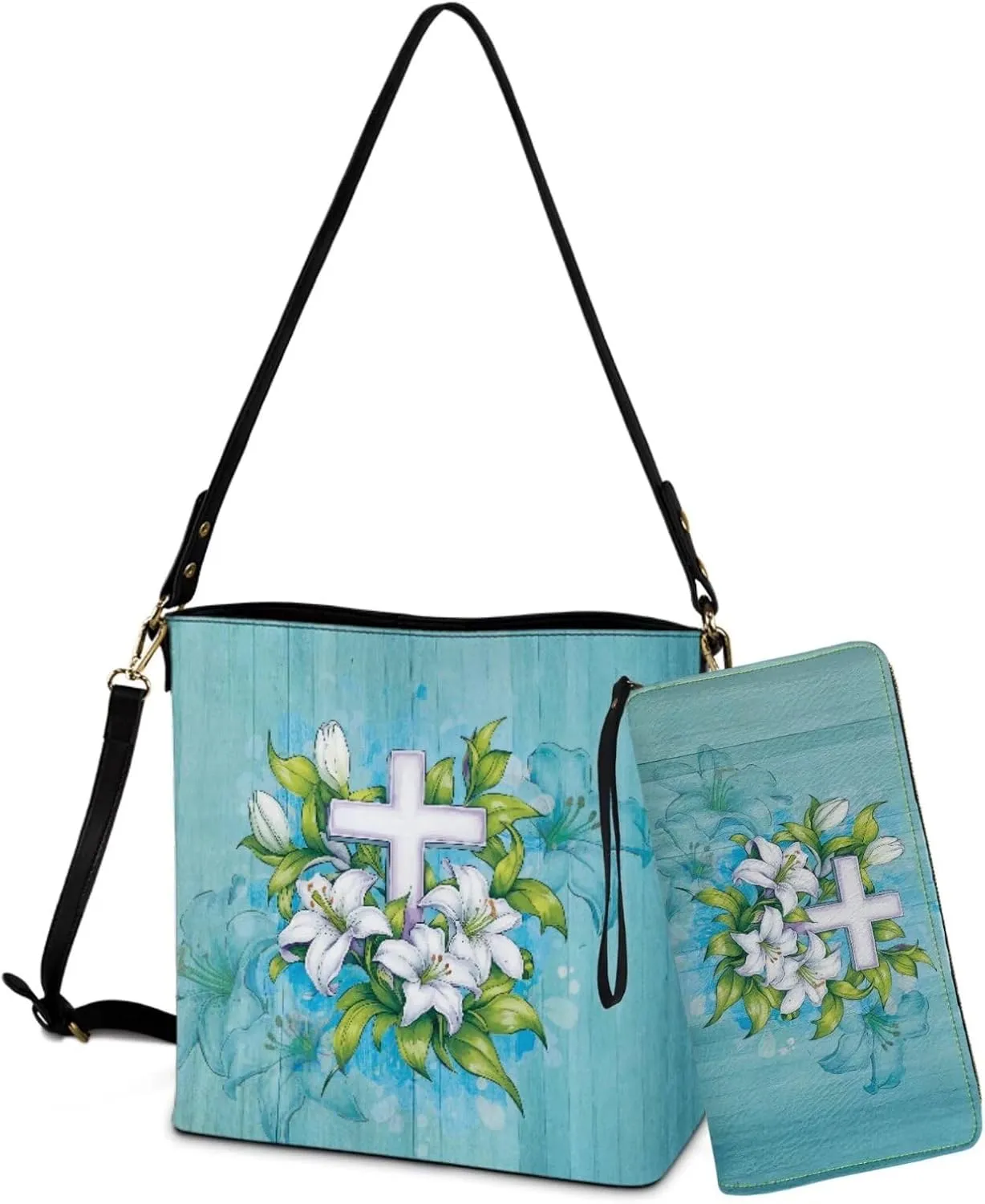 Easter Pattern Leather Purse and Wallet Set, Large Bucket Tote Bag Wallet with Adjustable Strap