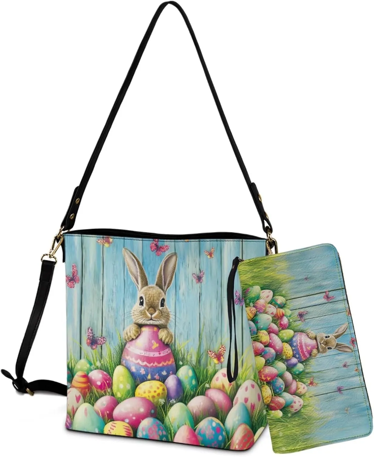 Easter Pattern Leather Purse and Wallet Set, Large Bucket Tote Bag Wallet with Adjustable Strap