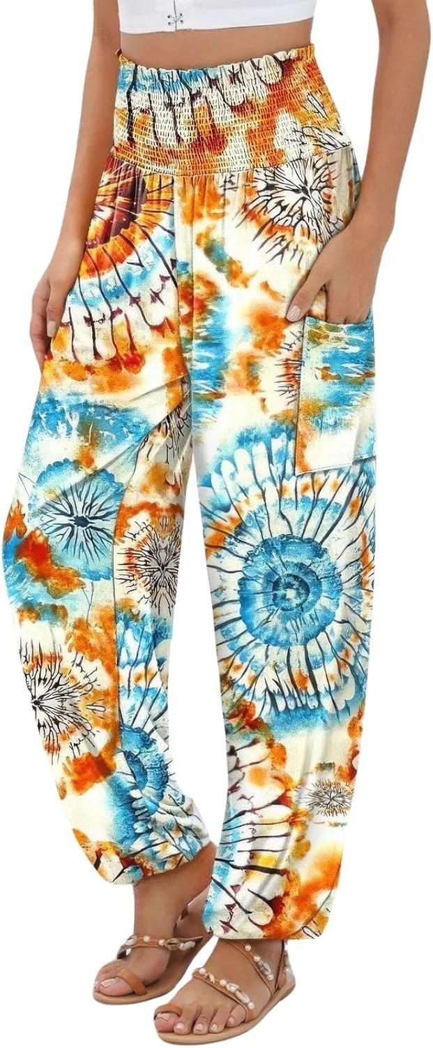 ebossy Women's Casual Print Hippie Harem Pants Smocked High Waist Comfy Boho Flowy Trousers with Pockets