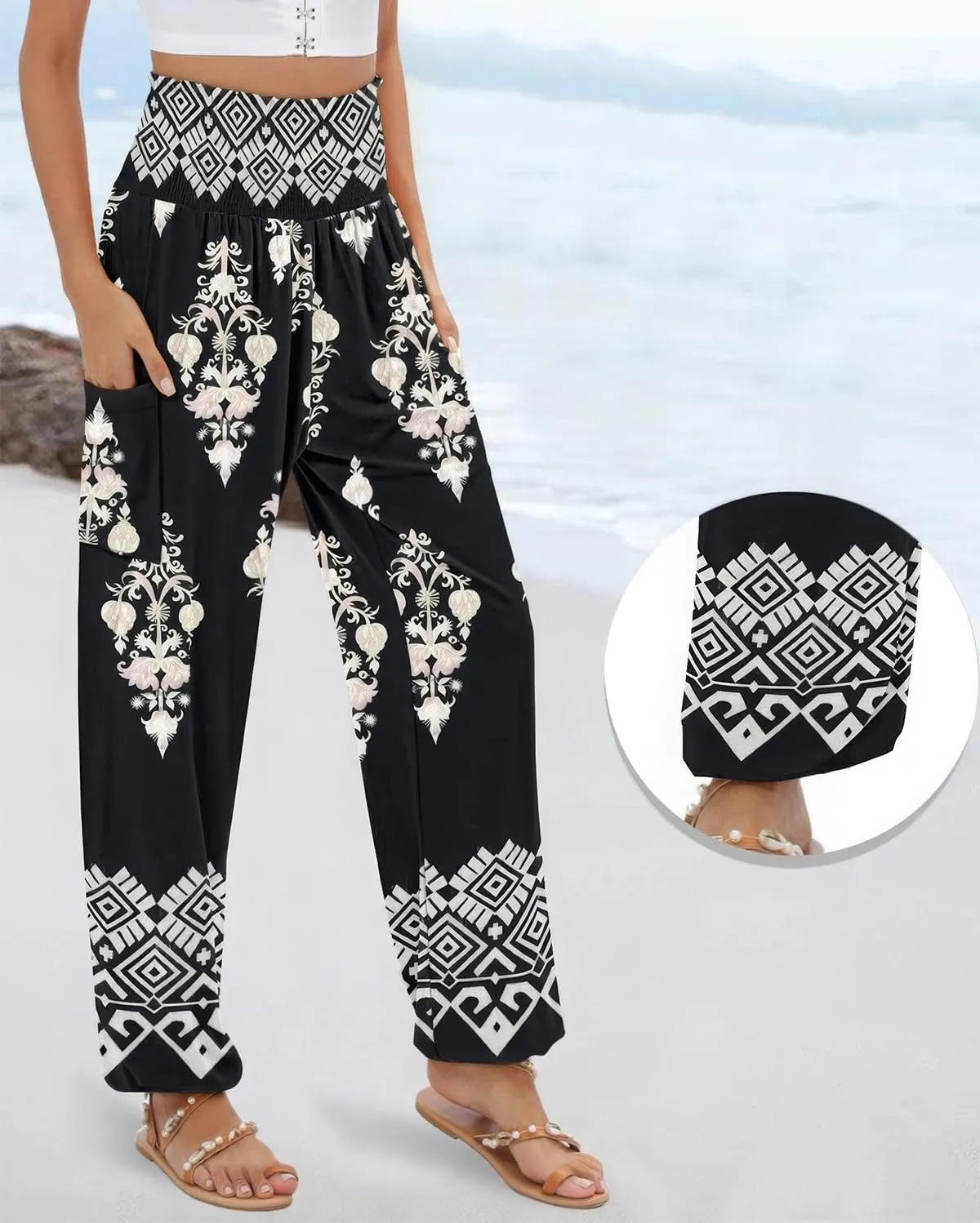 ebossy Women's Casual Print Hippie Harem Pants Smocked High Waist Comfy Boho Flowy Trousers with Pockets