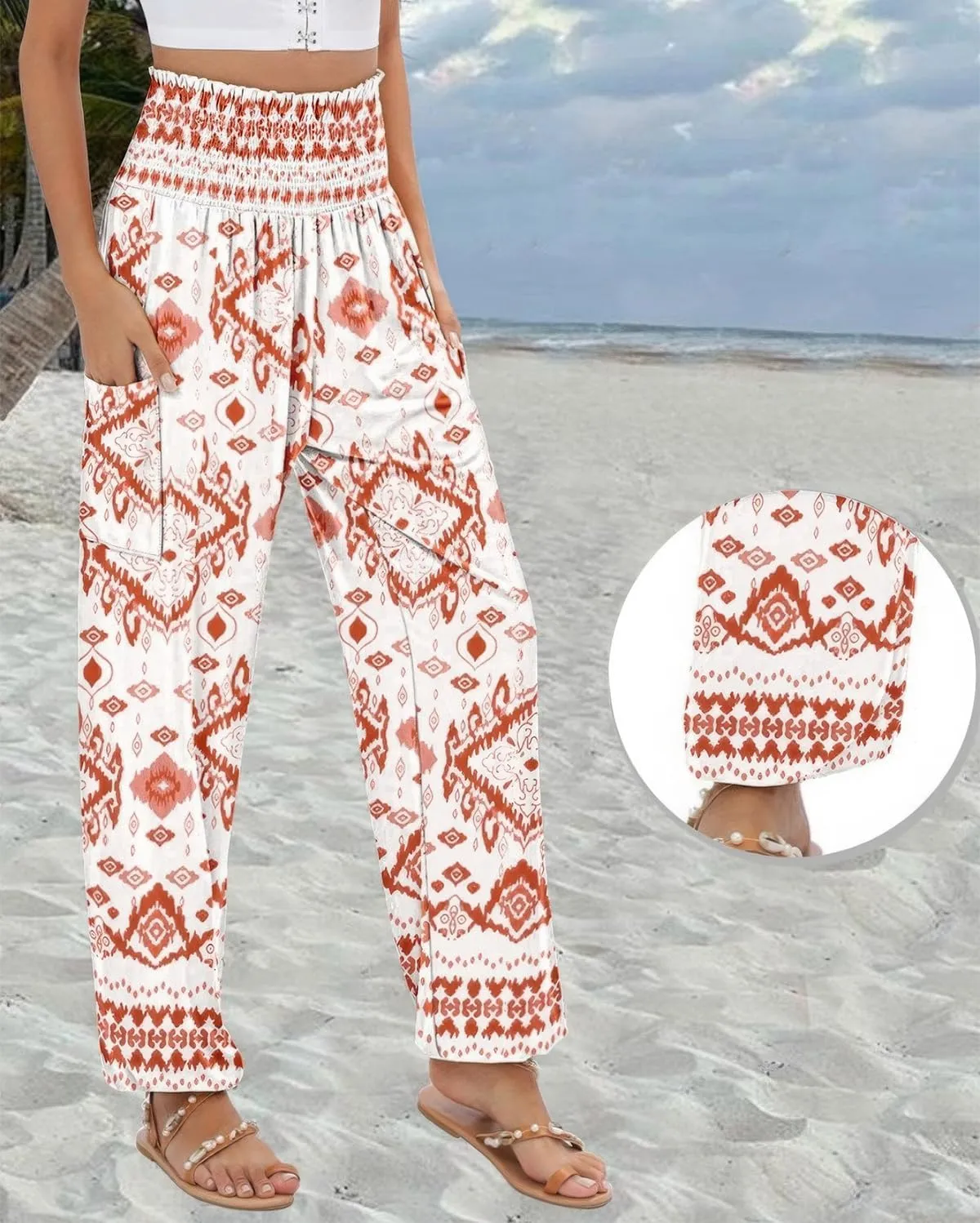 ebossy Women's Casual Print Hippie Harem Pants Smocked High Waist Comfy Boho Flowy Trousers with Pockets