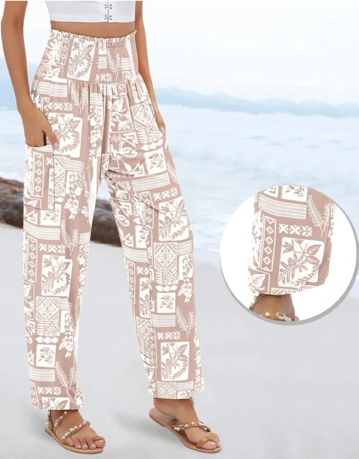 ebossy Women's Casual Print Hippie Harem Pants Smocked High Waist Comfy Boho Flowy Trousers with Pockets