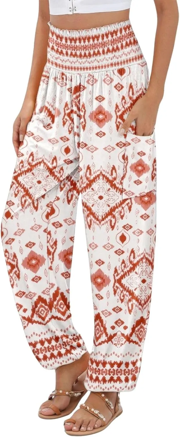 ebossy Women's Casual Print Hippie Harem Pants Smocked High Waist Comfy Boho Flowy Trousers with Pockets