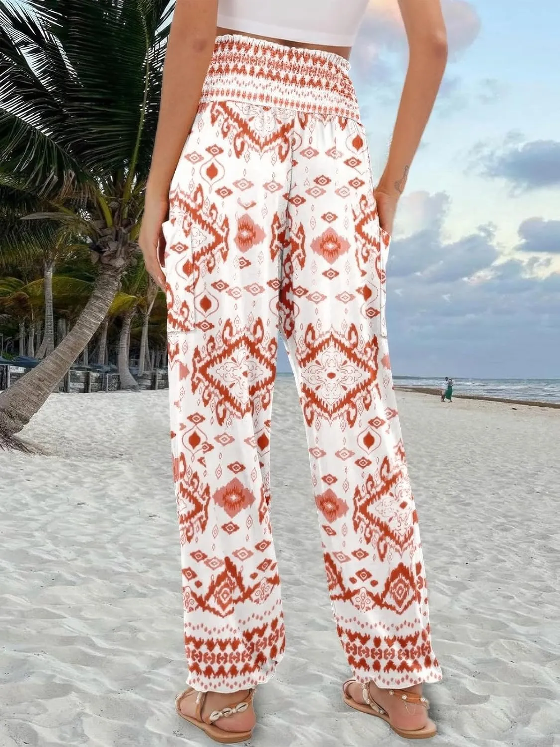 ebossy Women's Casual Print Hippie Harem Pants Smocked High Waist Comfy Boho Flowy Trousers with Pockets