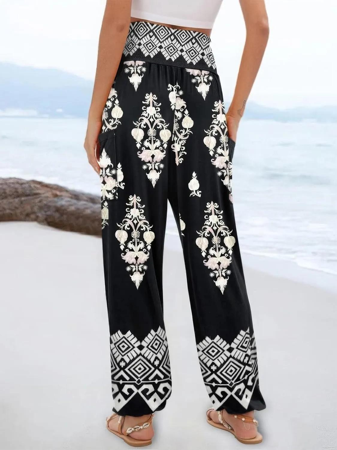 ebossy Women's Casual Print Hippie Harem Pants Smocked High Waist Comfy Boho Flowy Trousers with Pockets