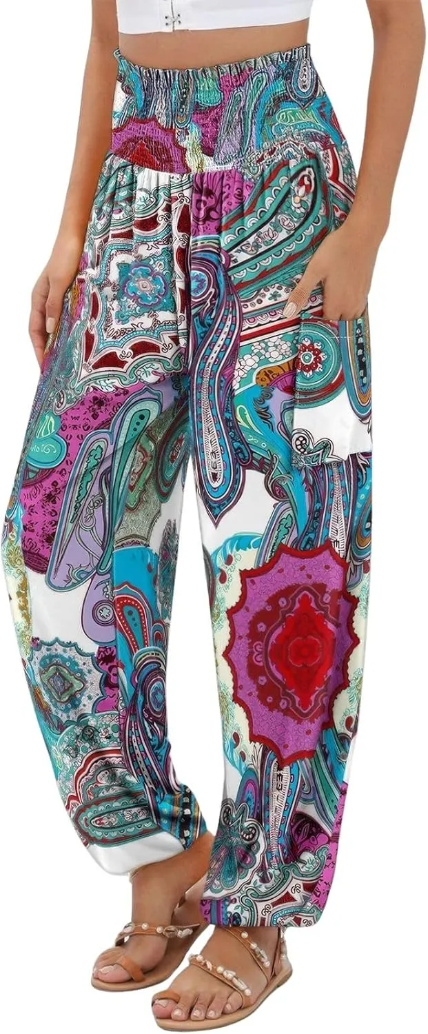 ebossy Women's Casual Print Hippie Harem Pants Smocked High Waist Comfy Boho Flowy Trousers with Pockets